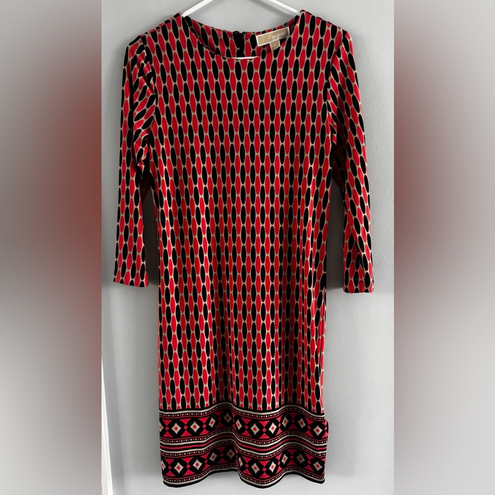 Michael Kors NWT XS Hot Coral Geometric 3/4 Sleeve Sheath Dress 35” Length